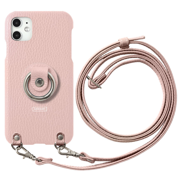 Coque arrière en cuir véritable italien grainé 32 couleurs avec anneau pour smartphone et sangle d'épaule