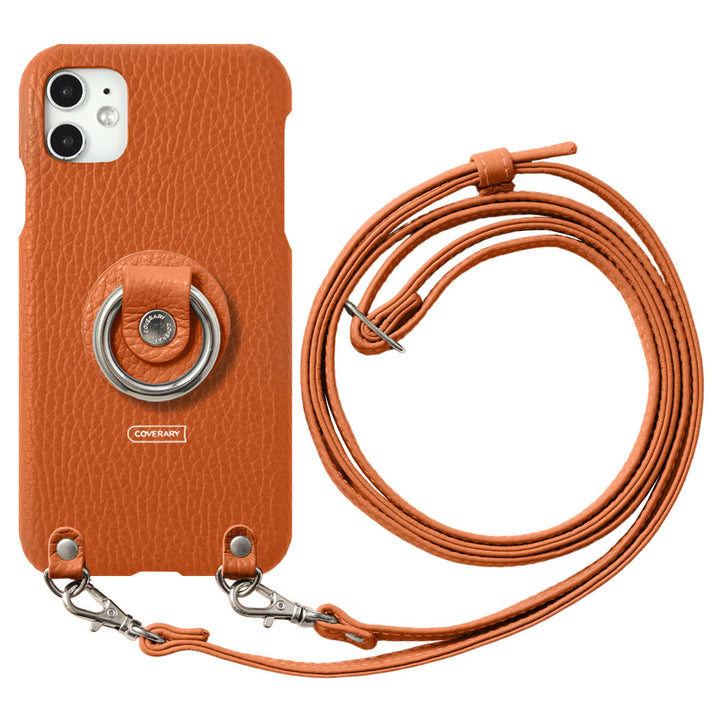 Coque arrière en cuir véritable italien grainé 32 couleurs avec anneau pour smartphone et sangle d'épaule