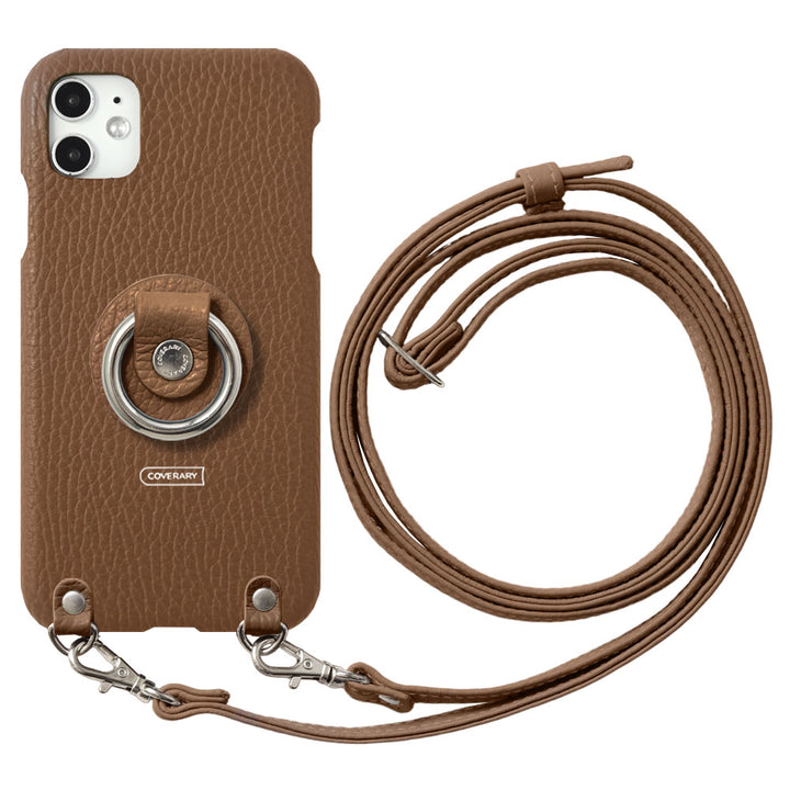 Coque arrière en cuir véritable italien grainé 32 couleurs avec anneau pour smartphone et sangle d'épaule