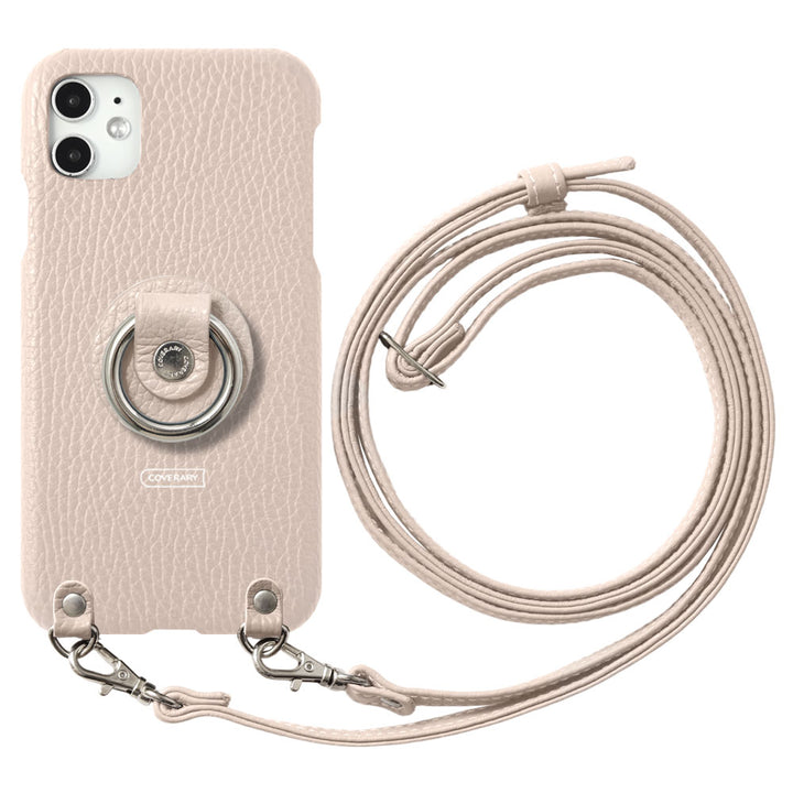 Coque arrière en cuir véritable italien grainé 32 couleurs avec anneau pour smartphone et sangle d'épaule