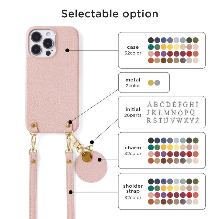 Cuir véritable 32 couleurs Cuir italien grainé avec bandoulière Charm initial motif Étui arrière