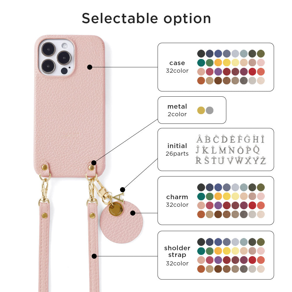 Cuir véritable 32 couleurs Cuir italien grainé avec bandoulière Charm initial motif Coque arrière Série Galaxy