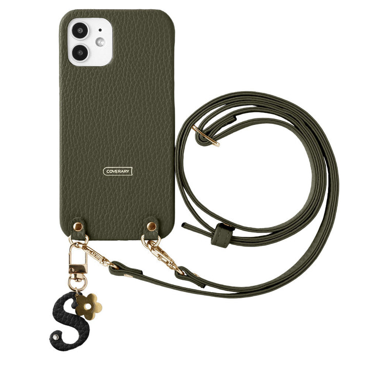 本革 32色 イタリアンシュリンクレザー miniイニシャルチャーム ショルダーストラップ付き 背面ケース iPhoneシリーズ