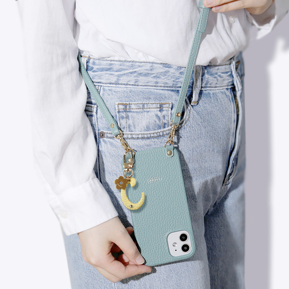 Genuine leather 32 colors Italian shrink leather mini initial charm with shoulder strap back case