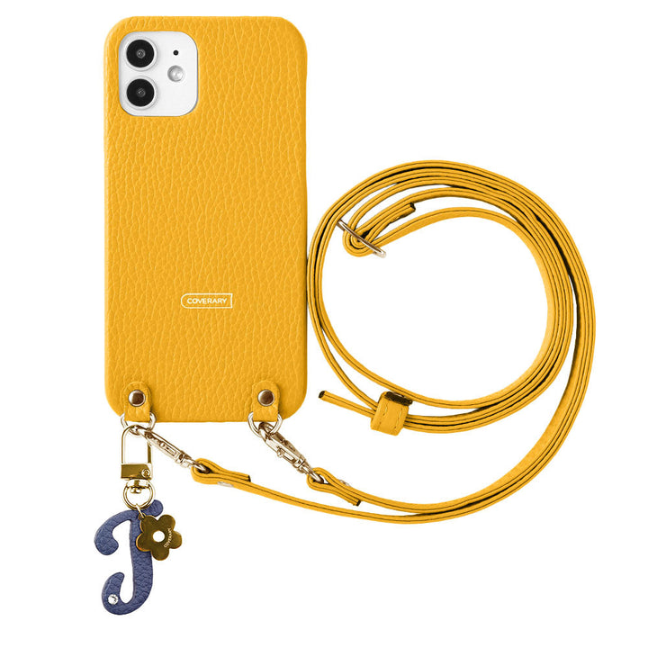 本革 32色 イタリアンシュリンクレザー miniイニシャルチャーム ショルダーストラップ付き 背面ケース iPhoneシリーズ