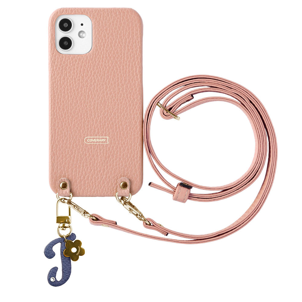 本革 32色 イタリアンシュリンクレザー miniイニシャルチャーム ショルダーストラップ付き 背面ケース iPhoneシリーズ