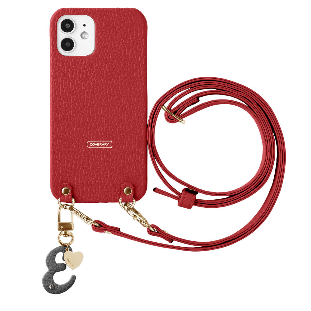 本革 32色 イタリアンシュリンクレザー miniイニシャルチャーム ショルダーストラップ付き 背面ケース iPhoneシリーズ