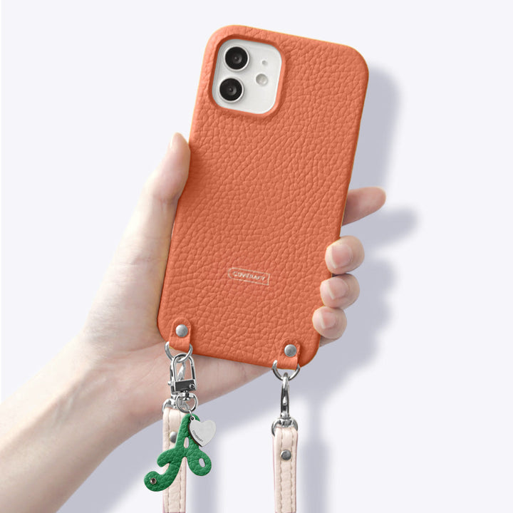 本革 32色 イタリアンシュリンクレザー miniイニシャルチャーム ショルダーストラップ付き 背面ケース iPhoneシリーズ