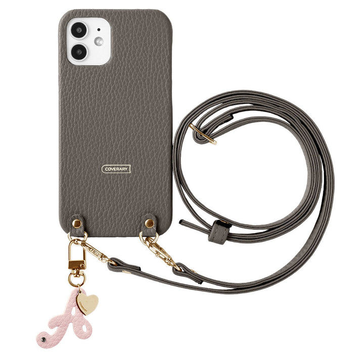 本革 32色 イタリアンシュリンクレザー miniイニシャルチャーム ショルダーストラップ付き 背面ケース iPhoneシリーズ