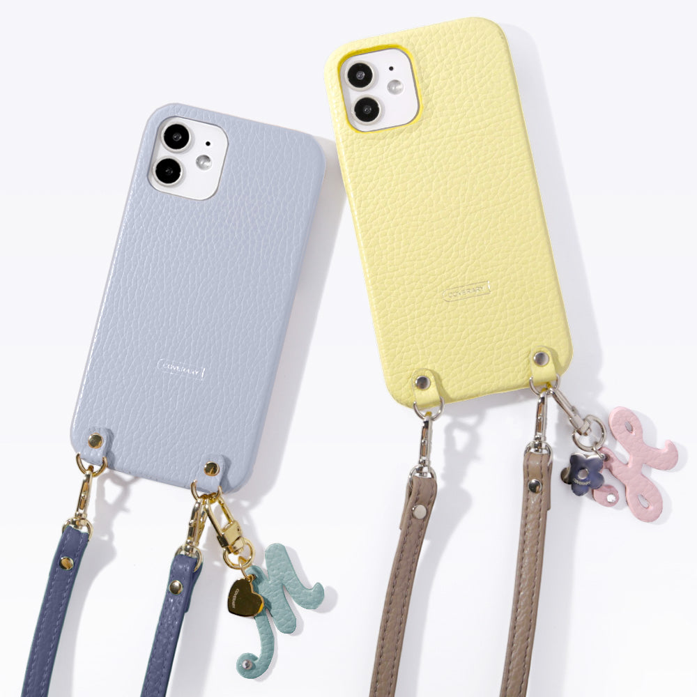 本革 32色 イタリアンシュリンクレザー miniイニシャルチャーム ショルダーストラップ付き 背面ケース iPhoneシリーズ