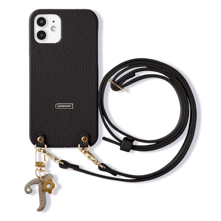 本革 32色 イタリアンシュリンクレザー miniイニシャルチャーム ショルダーストラップ付き 背面ケース iPhoneシリーズ