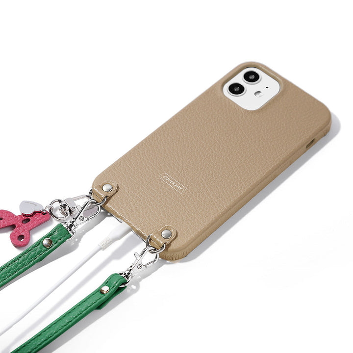 本革 32色 イタリアンシュリンクレザー miniイニシャルチャーム ショルダーストラップ付き 背面ケース iPhoneシリーズ