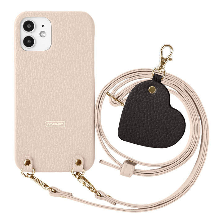 本革 32色 イタリアンシュリンクレザー モチーフミラーチャーム ショルダーストラップ付き 背面ケース iPhoneシリーズ