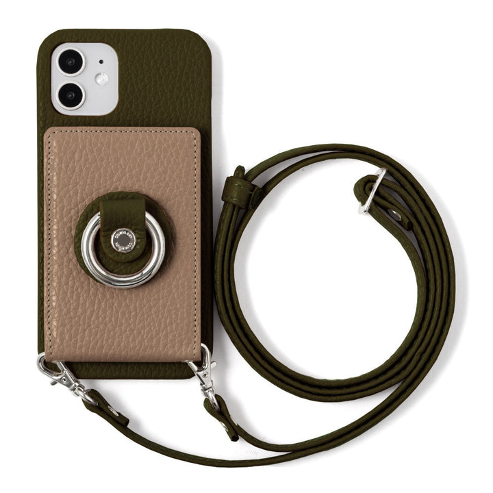 Genuine leather 32 colors Italian shrink leather with mirror & smartphone ring & shoulder strap attached back case for iPhone series