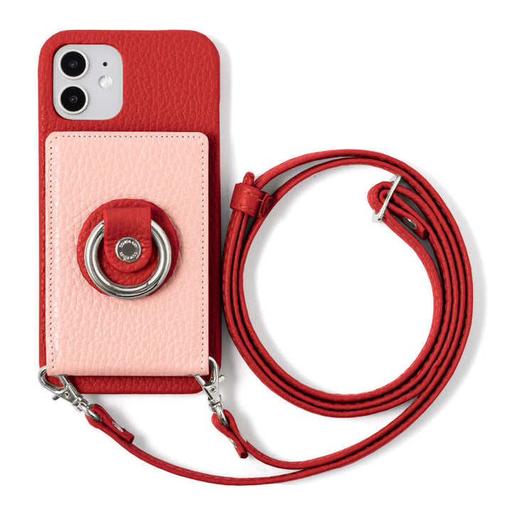 Genuine leather 32 colors Italian shrink leather with mirror & smartphone ring & shoulder strap attached back case for iPhone series