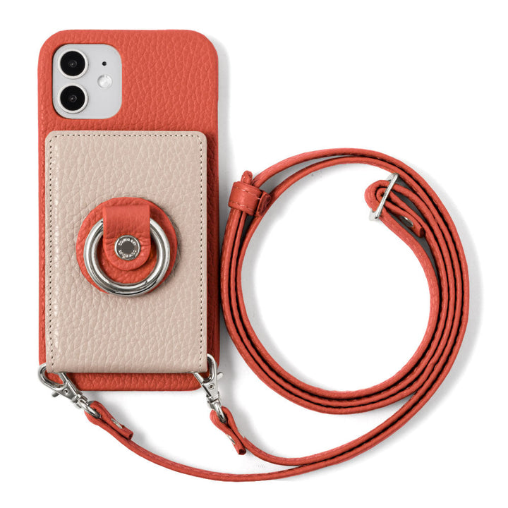 Genuine leather 32 colors Italian shrink leather with mirror & smartphone ring & shoulder strap attached back case for iPhone series