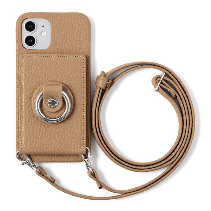 Genuine leather 32 colors Italian shrink leather with mirror & smartphone ring & shoulder strap attached back case for iPhone series