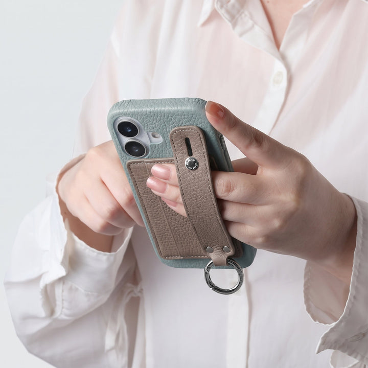 Étui arrière en cuir véritable et TPU compatible MagSafe, tous modèles, avec porte-cartes et dragonne, 32 couleurs, cuir italien grainé, série AQUOS