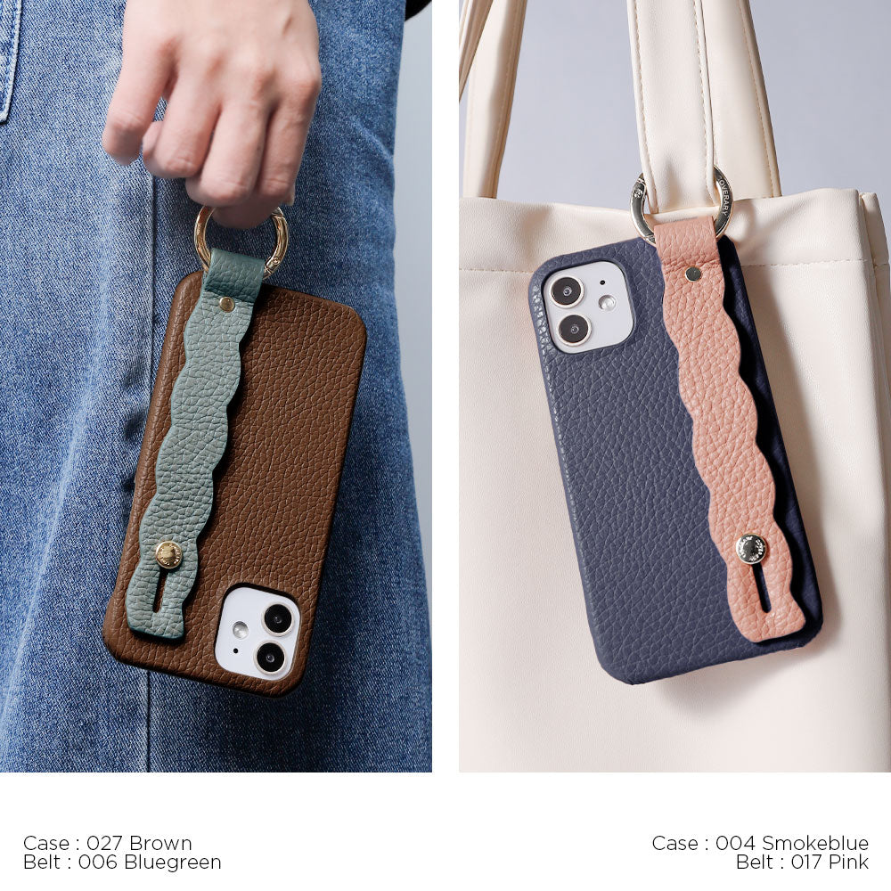 本革 32色 イタリアンシュリンクレザー うねうねハンドベルト付き 背面ケース iPhoneシリーズ