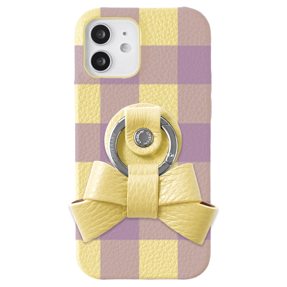 Cuir véritable 32 couleurs cuir italien grainé motif vichy anneau smartphone ruban coque arrière