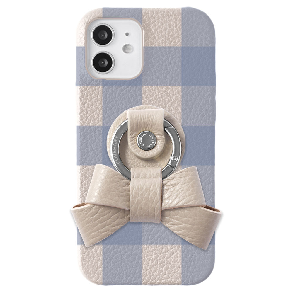 Genuine leather 32 colors Italian shrink leather gingham check pattern ribbon smartphone ring back case Xperia series