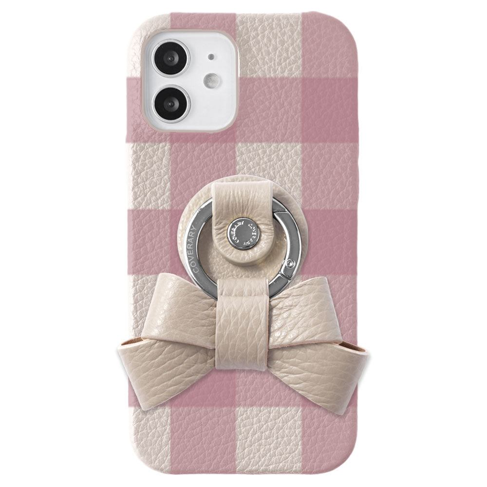 Cuir véritable 32 couleurs cuir italien grainé motif vichy anneau smartphone ruban coque arrière série iPhone