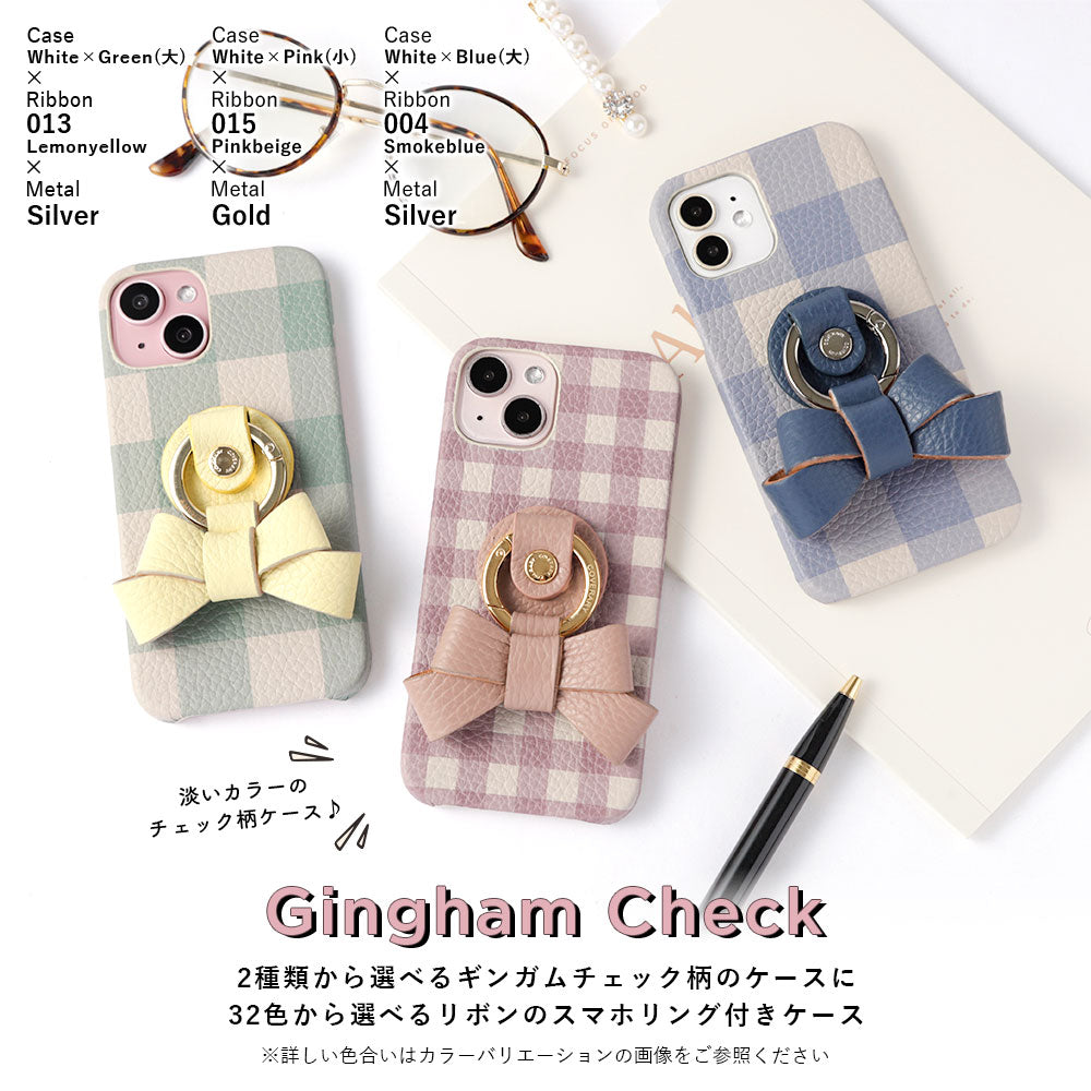 Genuine leather 32 colors Italian shrink leather gingham check pattern ribbon smartphone ring back case Galaxy series
