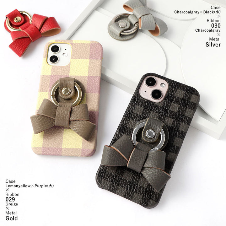 Cuir véritable 32 couleurs cuir italien grainé motif vichy anneau smartphone ruban coque arrière série iPhone