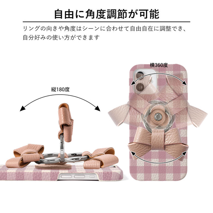 Genuine leather 32 colors Italian shrink leather gingham check pattern ribbon smartphone ring back case Xperia series