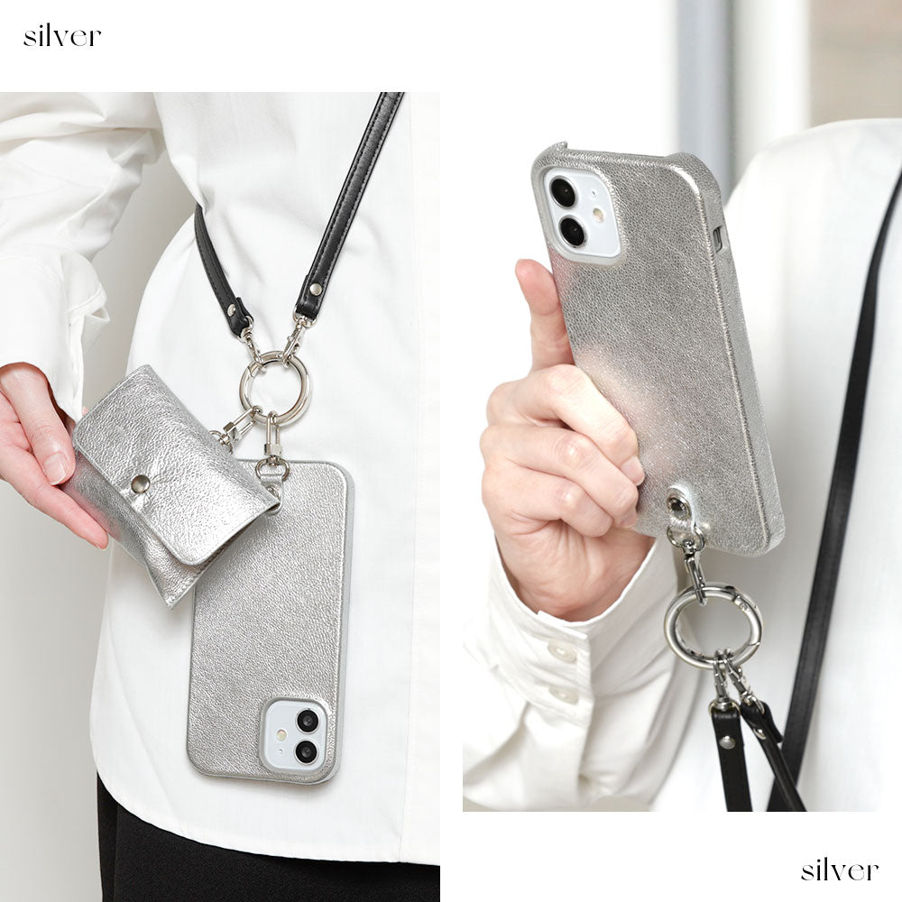 Foil leather genuine leather 3-piece set A accessory case & ring shoulder strap included back case