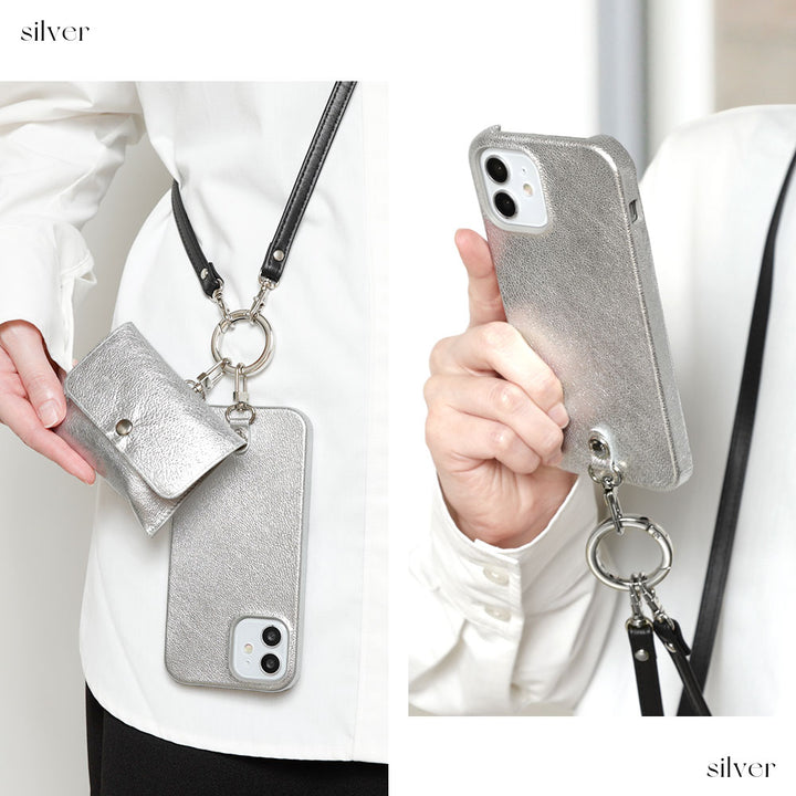 Foil leather genuine leather 3-piece set A accessory case & ring shoulder strap included back case