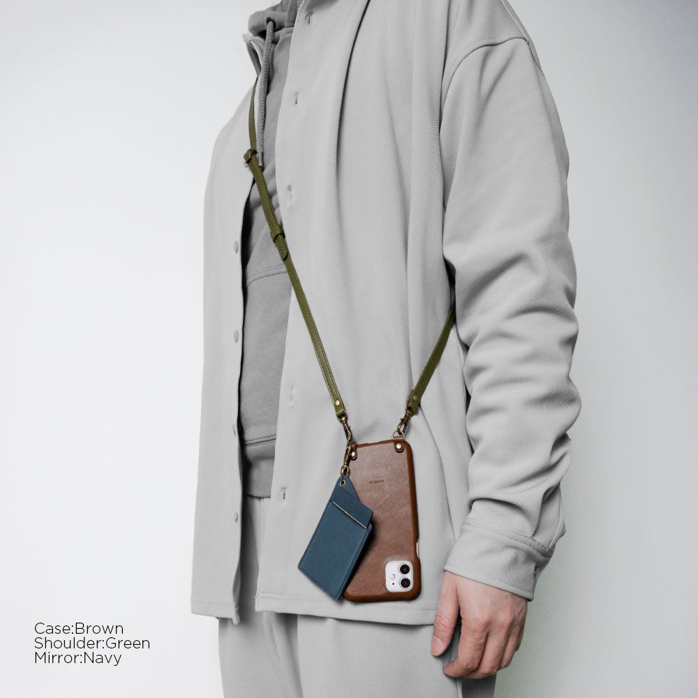 Genuine leather Tochigi leather stainless steel mirror back case with shoulder strap for iPhone series