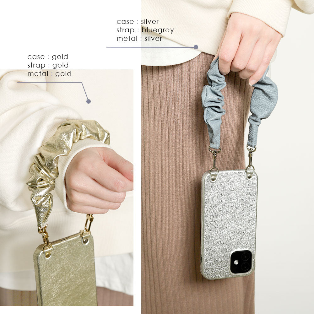 Genuine leather foil leather scrunchie-style short strap attached back case