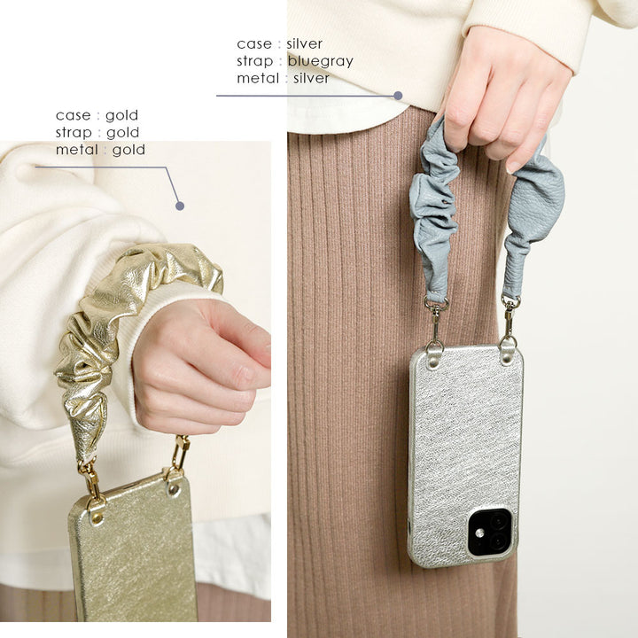 Genuine leather foil leather scrunchie-style short strap attached back case