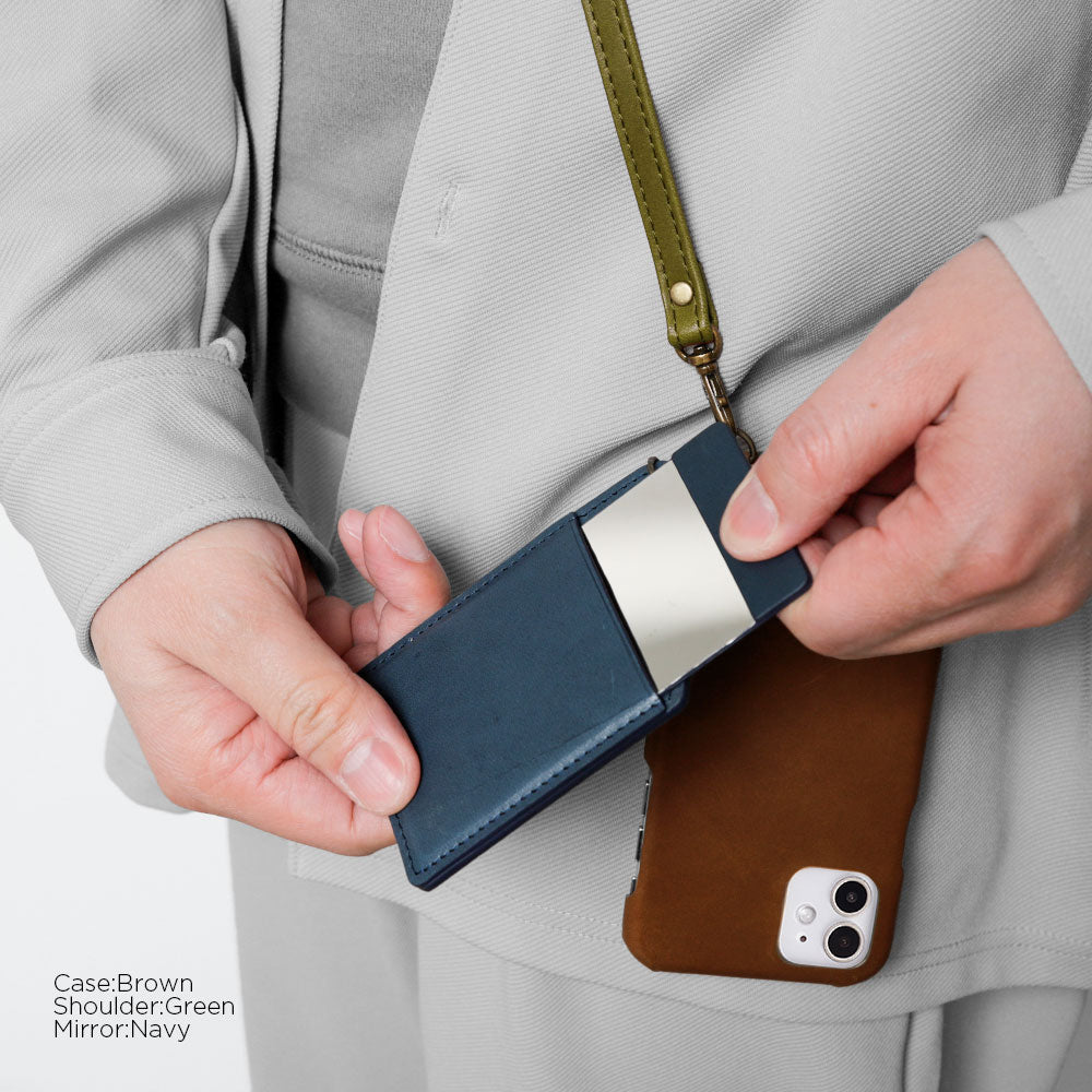 Genuine leather Tochigi leather stainless steel mirror with shoulder strap back case