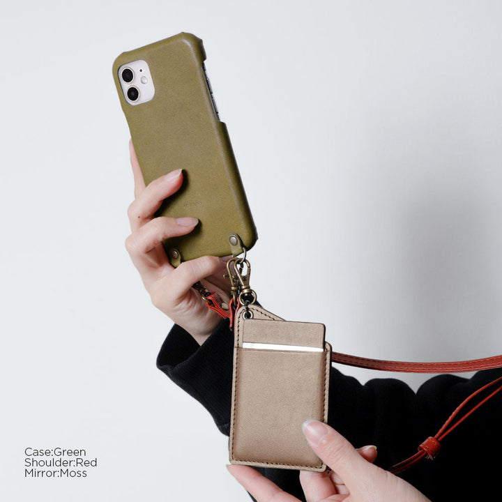 Genuine leather Tochigi leather stainless steel mirror back case with shoulder strap for iPhone series