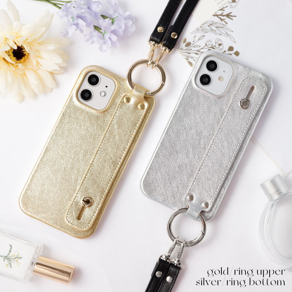 本革 箔レザー ハンドベルト＆ショルダーストラップ付き 背面ケース iPhoneシリーズ