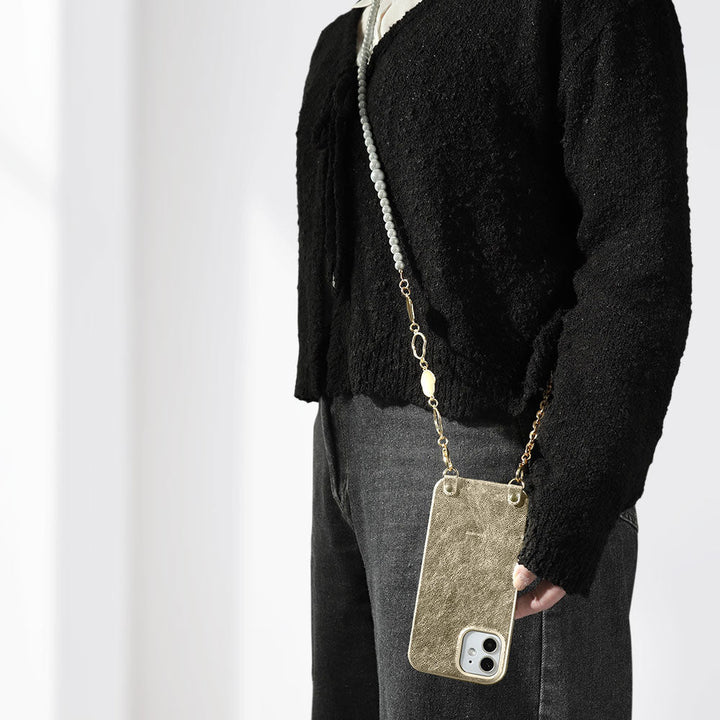 Cuir véritable, cuir métallisé, bandoulière chaîne avec perles, coque arrière pour la série Galaxy