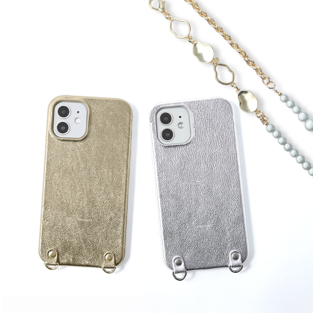 Cuir véritable, cuir métallisé, bandoulière chaîne avec perles, coque arrière pour la série Galaxy
