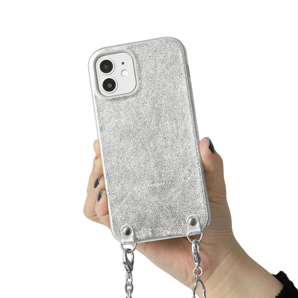 Cuir véritable, cuir métallisé, bandoulière chaîne avec perles, coque arrière pour la série Galaxy