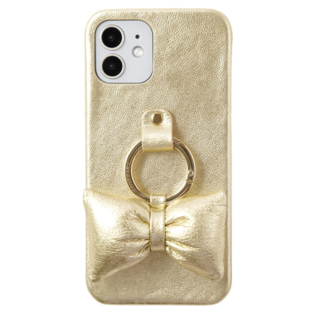 Genuine leather foil leather padded ribbon smartphone ring attached back case