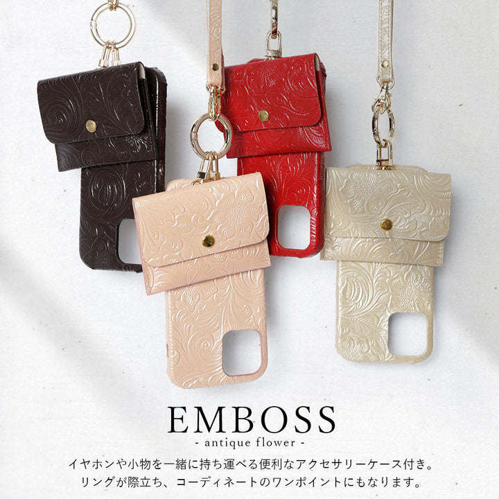 Embossed leather genuine leather 3-piece set A accessory case & ring shoulder strap included back case Google Pixel series