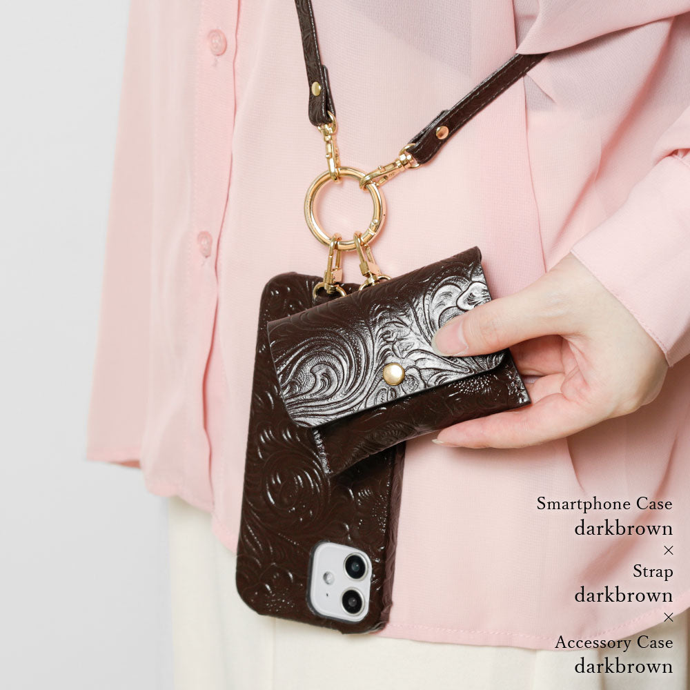 Embossed leather genuine leather 3-piece set A accessory case & ring shoulder strap included back case