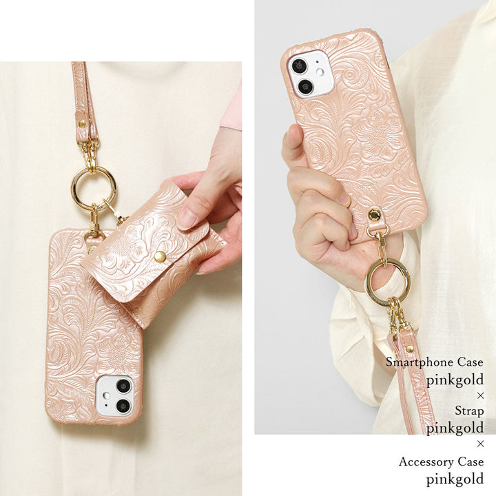 Embossed leather genuine leather 3-piece set A accessory case & ring shoulder strap included back case Google Pixel series