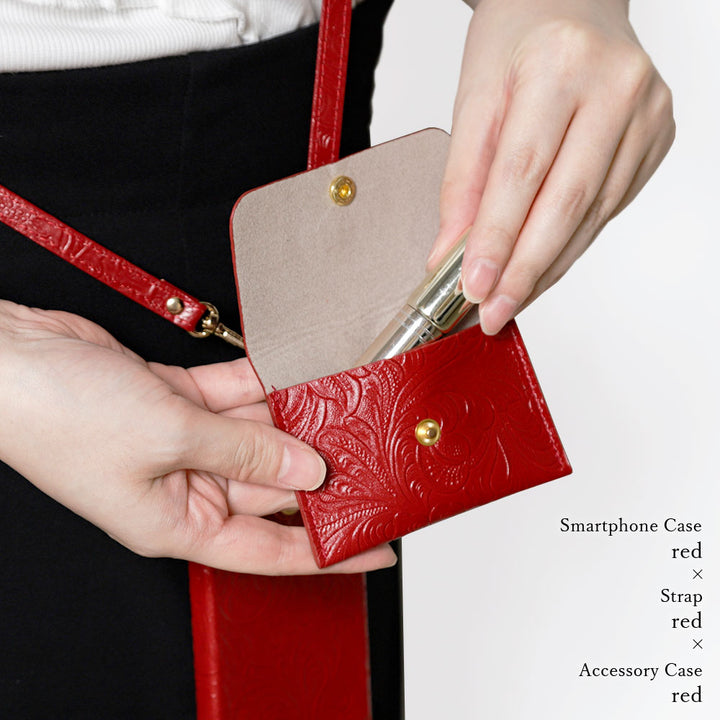 Embossed leather genuine leather 3-piece set A accessory case & ring shoulder strap included back case