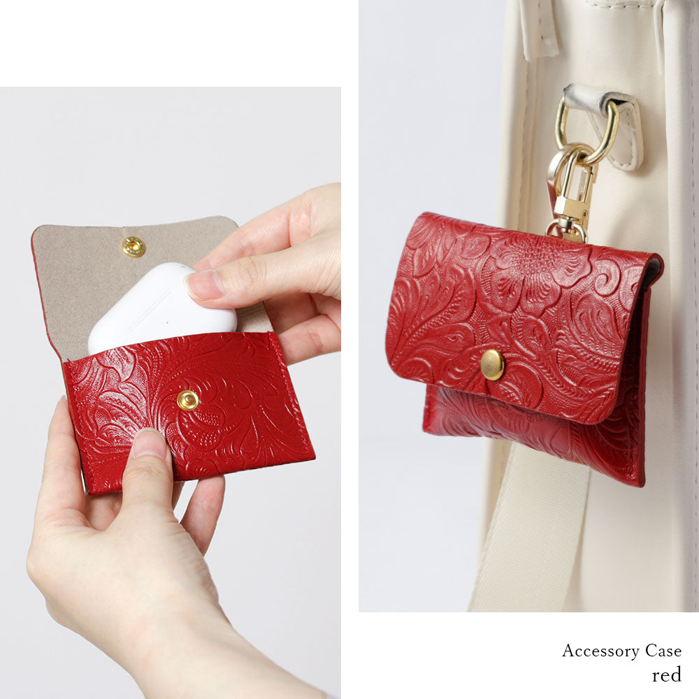 Embossed leather genuine leather 3-piece set A accessory case & ring shoulder strap included back case