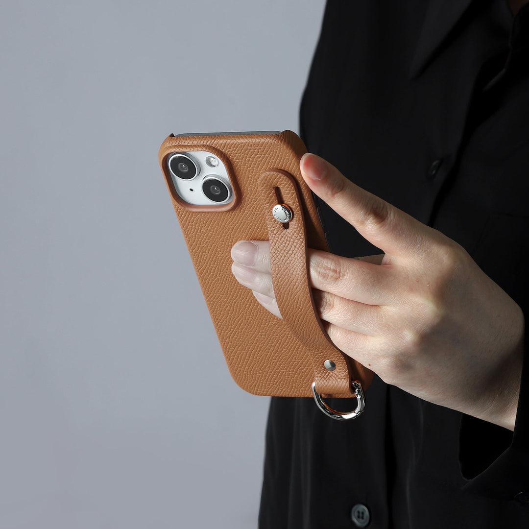 本革 フランス製レザー ヴォー・エプソン ハンドベルト付き 背面ケース iPhoneシリーズ