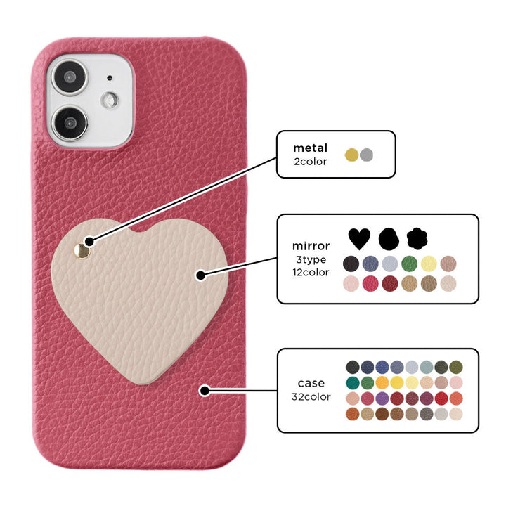 本革 32色 イタリアンシュリンクレザー 貼り付けモチーフミラー 背面ケース iPhoneシリーズ