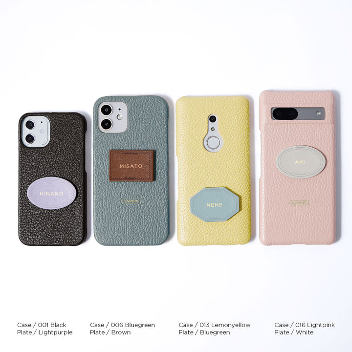 Cuir véritable 32 couleurs cuir italien grainé avec plaque nominative coque arrière gravure (impression à chaud) série iPhone