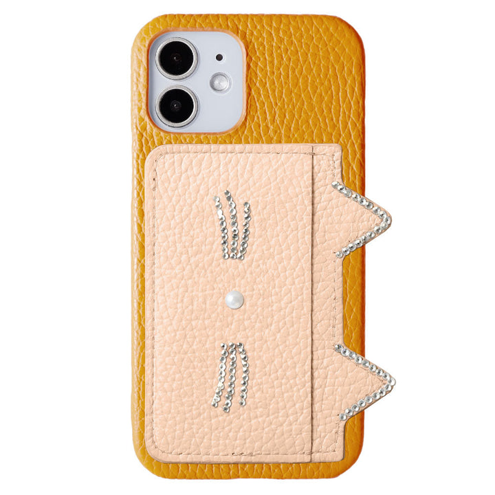 Cuir véritable 32 couleurs Cuir italien grainé Rangement cartes Poche oreilles de chat &amp; décoration pierre faciale Coque arrière Série Galaxy